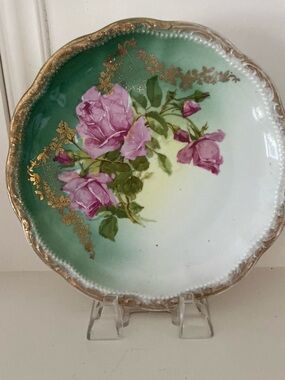 Hand-Painted Floral Porcelain Plate in Green and Pink with Gold Trim